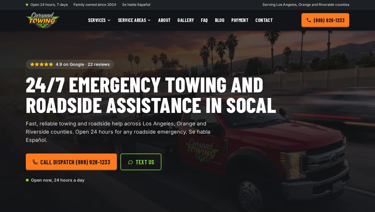 The Carsaad Towing home page on a desktop browser